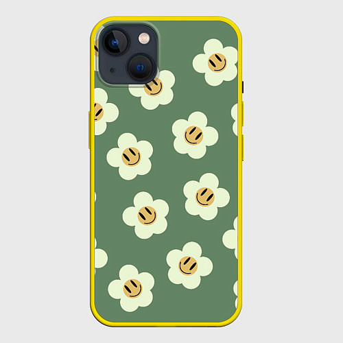 Чехол iPhone 14 Plus Цветочки-смайлики: темно-зеленый паттерн / 3D-Желтый – фото 1