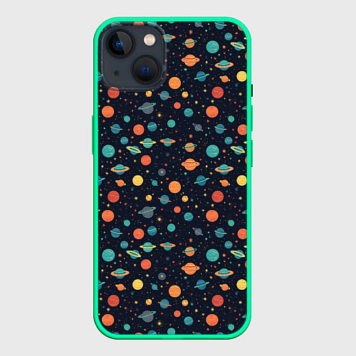 Чехол iPhone 14 Plus Темный космос с планетами паттерн / 3D-Мятный – фото 1