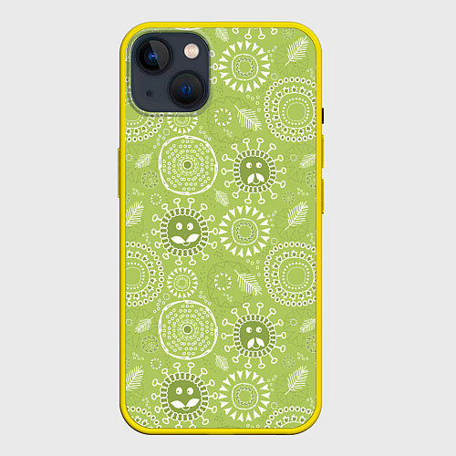 Чехол iPhone 14 Plus Зеленый цветочный - паттерн смайлики / 3D-Желтый – фото 1