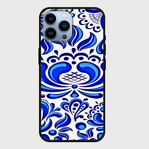 Чехол iPhone 14 Pro Max Роспись гжель / 3D-Черный – фото 1