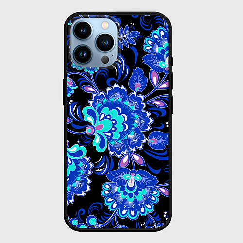 Чехол iPhone 14 Pro Max Синяя хохлома / 3D-Черный – фото 1