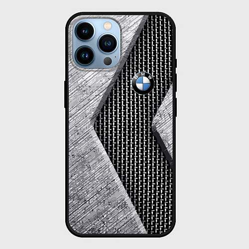 Чехол iPhone 14 Pro Max BMW - emblem - metal - texture / 3D-Черный – фото 1