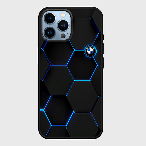 Чехол iPhone 14 Pro Max BMW blue neon theme / 3D-Черный – фото 1