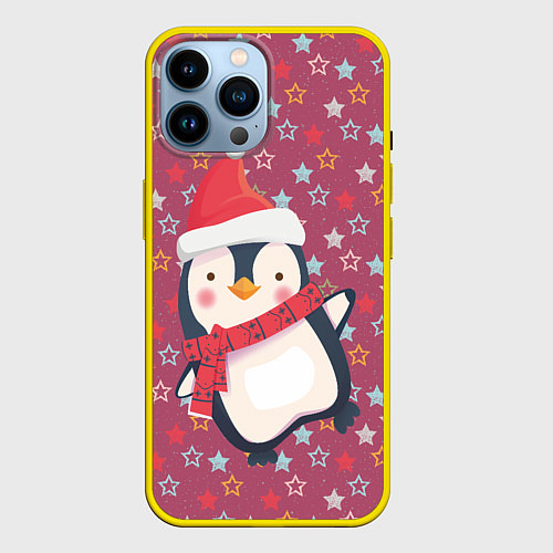 Чехол iPhone 14 Pro Max Пингвин в звездах / 3D-Желтый – фото 1