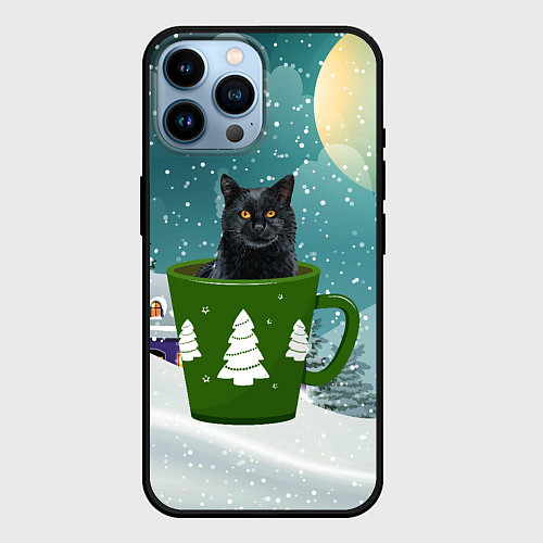 Чехол iPhone 14 Pro Max Черный кот в кружке / 3D-Черный – фото 1