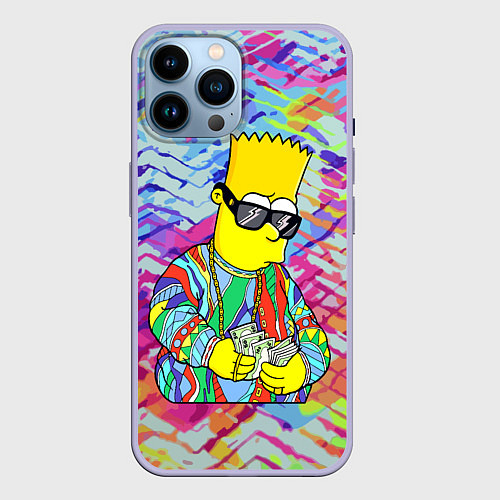 Чехол iPhone 14 Pro Max Барт Симпсон в тёмных очках считает бабло / 3D-Светло-сиреневый – фото 1