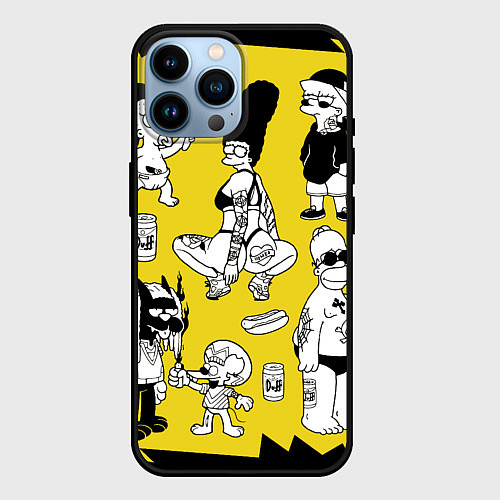 Чехол iPhone 14 Pro Max Весёлая компашка мультфильма Симпсоны - полный рас / 3D-Черный – фото 1