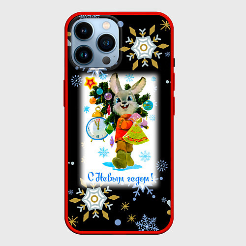 Чехол iPhone 14 Pro Max Новый год зайчик несёт ёлочку / 3D-Красный – фото 1