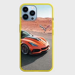 Чехол для iPhone 14 Pro Max Chevrolet Corvette - Motorsport - Desert, цвет: 3D-желтый