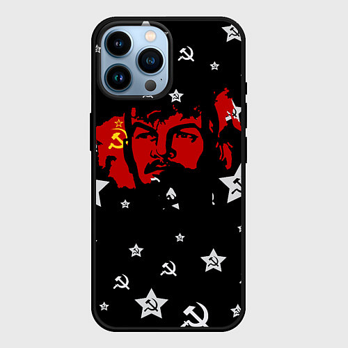 Чехол iPhone 14 Pro Max Ленин на фоне звезд / 3D-Черный – фото 1
