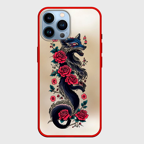 Чехол iPhone 14 Pro Max Irezumi - татуировка лиса в розах / 3D-Красный – фото 1