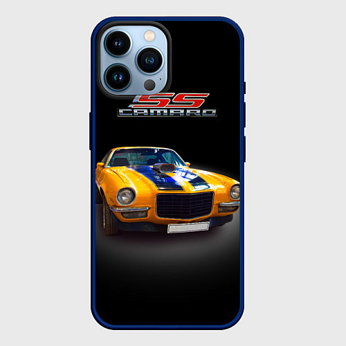 Чехол iPhone 14 Pro Max Ретро маслкар Camaro SS 1970 года / 3D-Тёмно-синий – фото 1
