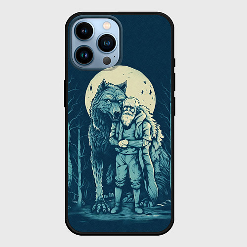 Чехол iPhone 14 Pro Max Старик с волком / 3D-Черный – фото 1