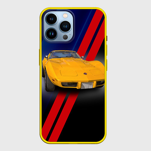 Чехол iPhone 14 Pro Max Классический спорткар Chevrolet Corvette Stingray / 3D-Желтый – фото 1