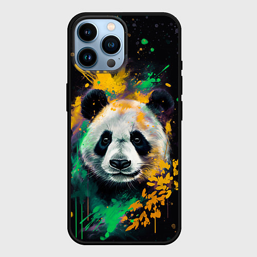 Чехол iPhone 14 Pro Max Панда в желтом и зеленом - нейронная сеть / 3D-Черный – фото 1