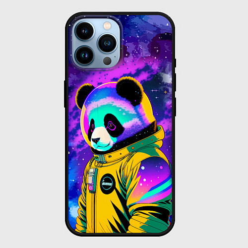 Чехол iPhone 14 Pro Max Панда-космонавт в космосе - неон / 3D-Черный – фото 1
