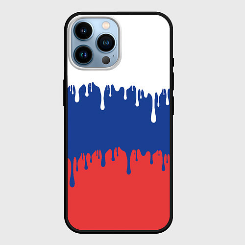 Чехол iPhone 14 Pro Max Флаг России - потёки / 3D-Черный – фото 1