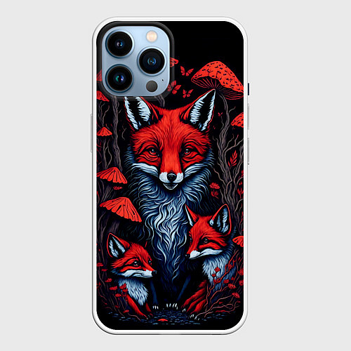 Чехол iPhone 14 Pro Max Красный лис и грибы / 3D-Белый – фото 1