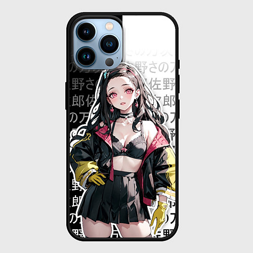 Чехол iPhone 14 Pro Max Стильная Незуко из аниме - иероглифы / 3D-Черный – фото 1