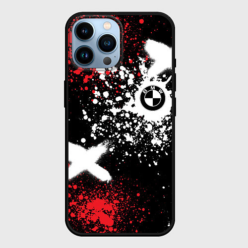 Чехол iPhone 14 Pro Max BMW на фоне граффити и брызг красок / 3D-Черный – фото 1