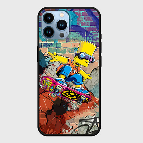 Чехол iPhone 14 Pro Max Bart Simpson on a skateboard - graffiti / 3D-Черный – фото 1
