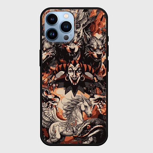 Чехол iPhone 14 Pro Max Логотип король и шут на фоне мифических животных / 3D-Черный – фото 1