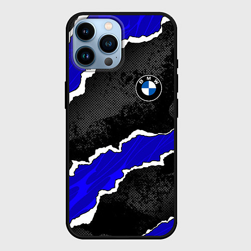 Чехол iPhone 14 Pro Max BMW - синие разрывы / 3D-Черный – фото 1