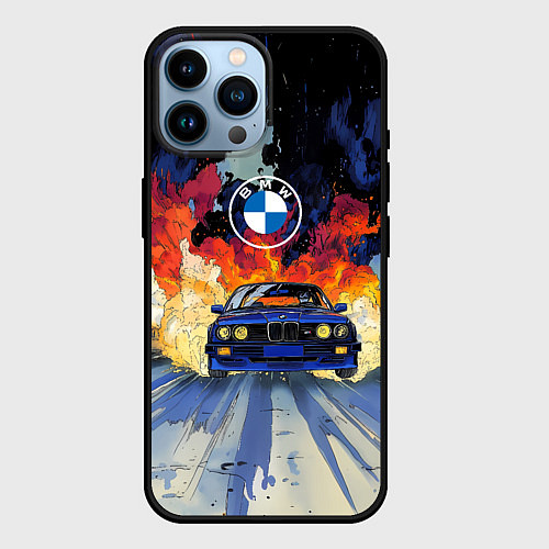 Чехол iPhone 14 Pro Max Синяя БМВ за огнем / 3D-Черный – фото 1