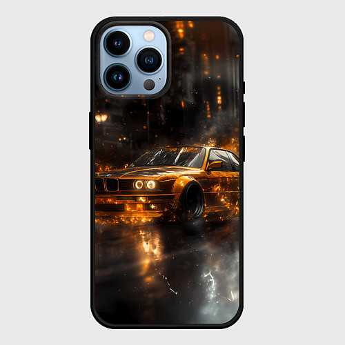 Чехол iPhone 14 Pro Max Желтый БМВ в огне / 3D-Черный – фото 1