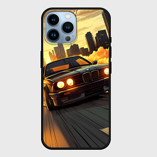 Чехол iPhone 14 Pro Max БМВ на фоне заката / 3D-Черный – фото 1