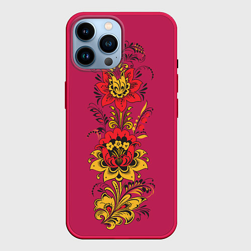 Чехол iPhone 14 Pro Max Хохлома: цветы / 3D-Малиновый – фото 1