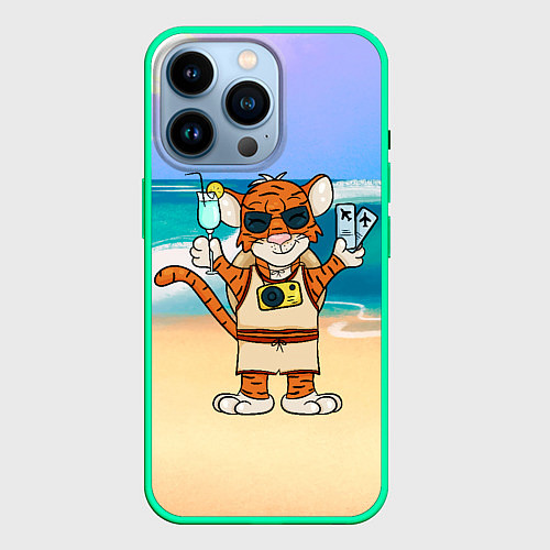 Чехол iPhone 14 Pro Тигр в отпуске на новый год на море / 3D-Мятный – фото 1