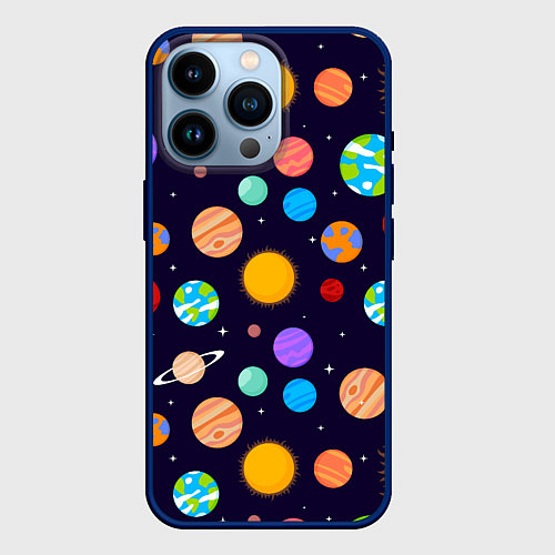 Чехол iPhone 14 Pro Солнечная Система Планет / 3D-Тёмно-синий – фото 1