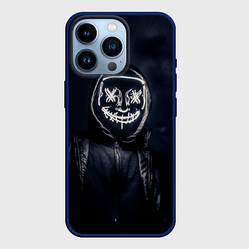Чехол iPhone 14 Pro Неоновая маска анонимуса - Белый / 3D-Тёмно-синий – фото 1