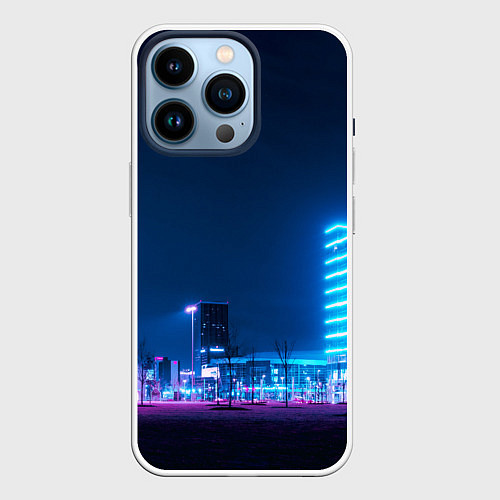 Чехол iPhone 14 Pro Неоновый ночной город - Светло-синий / 3D-Белый – фото 1