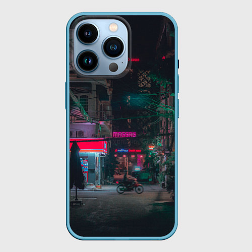 Чехол iPhone 14 Pro Неоновый мрачный город - Тёмно-зелёный / 3D-Голубой – фото 1