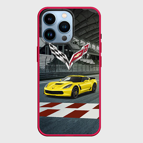 Чехол iPhone 14 Pro Шевроле Корвет - гоночная команда / 3D-Малиновый – фото 1