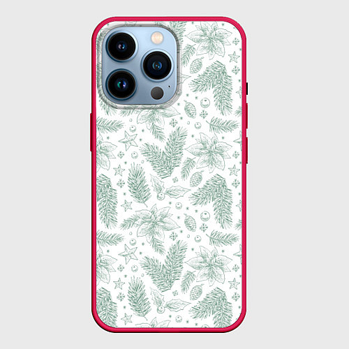 Чехол iPhone 14 Pro Шишки и веточки - Новый год / 3D-Малиновый – фото 1