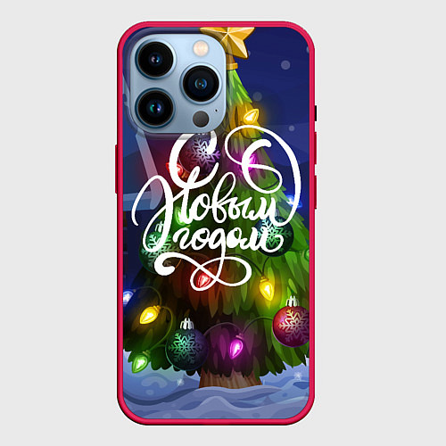 Чехол iPhone 14 Pro Новогодняя яркая елка / 3D-Малиновый – фото 1