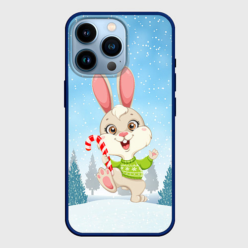 Чехол iPhone 14 Pro Новогодний зайка с леденцом / 3D-Тёмно-синий – фото 1