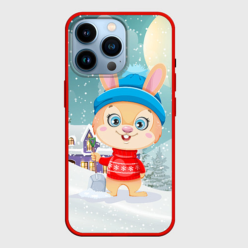 Чехол iPhone 14 Pro Зайка чистит снег / 3D-Красный – фото 1