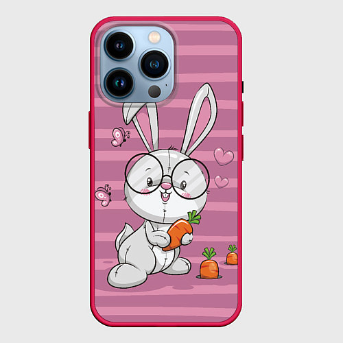 Чехол iPhone 14 Pro Зайка в очках с морковкой / 3D-Малиновый – фото 1