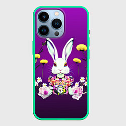Чехол для iPhone 14 Pro Кролик с одуванчиками, цвет: 3D-мятный