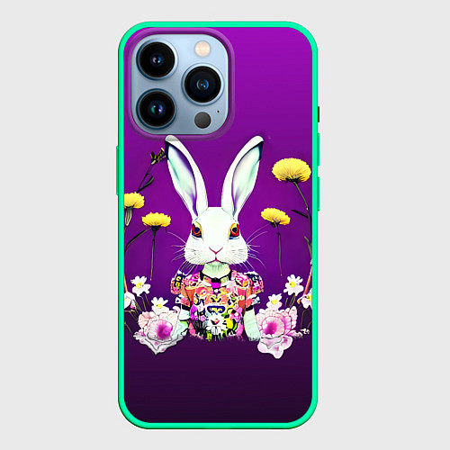 Чехол iPhone 14 Pro Кролик с одуванчиками / 3D-Мятный – фото 1