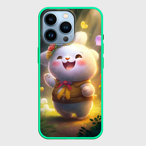 Чехол iPhone 14 Pro Счастливый мультяшный заяц / 3D-Мятный – фото 1