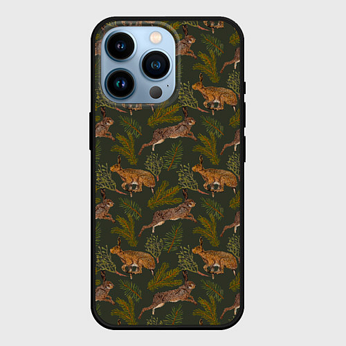 Чехол iPhone 14 Pro Зайцы в еловых веточках / 3D-Черный – фото 1