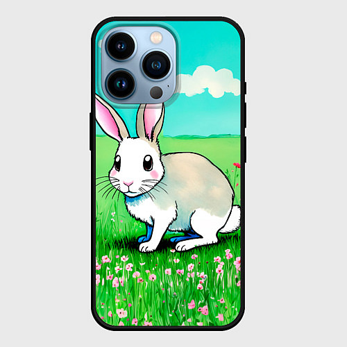 Чехол iPhone 14 Pro Заяц на лугу рисунок / 3D-Черный – фото 1