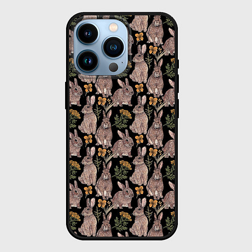 Чехол iPhone 14 Pro Зайцы и пижма / 3D-Черный – фото 1