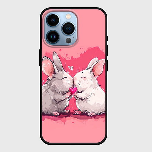Чехол iPhone 14 Pro Милые влюбленные кролики / 3D-Черный – фото 1