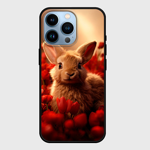 Чехол iPhone 14 Pro Влюбленный кролик в розах / 3D-Черный – фото 1
